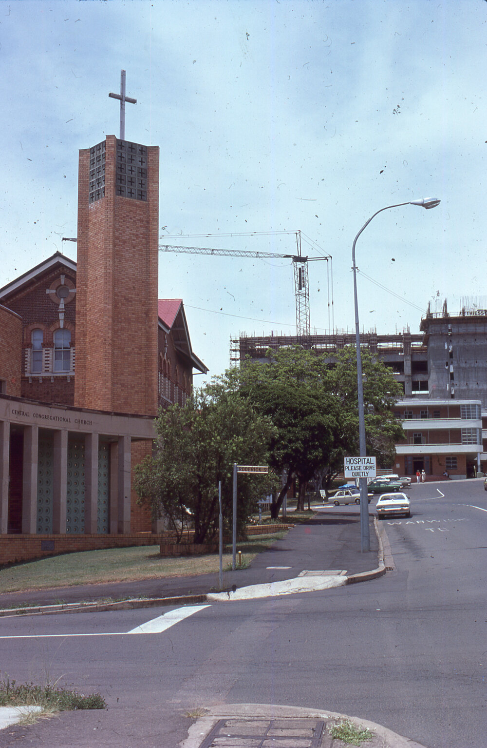Congregational Church and Sunday School, with Ipswich General Hospital in the background, corner of East and South Streets, Ipswich, 1977-1978