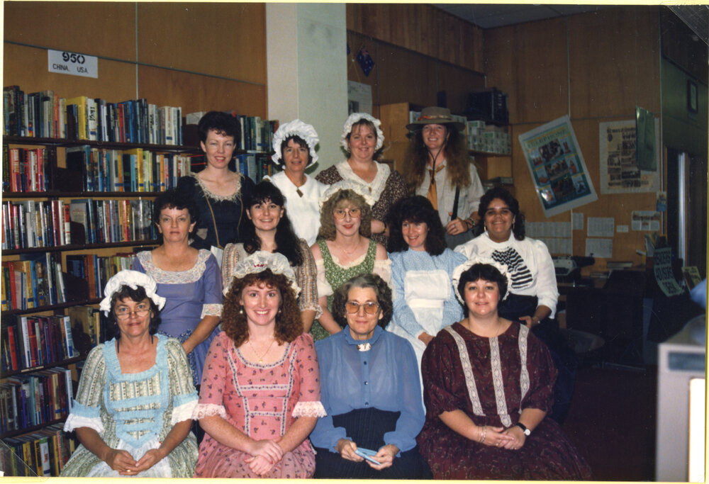 Thought to be Ipswich Library staff dressed for Heritage Week, Ipswich Municipal Library, Ipswich Centre, Bell &amp; East Streets, Ipswich, April 1989