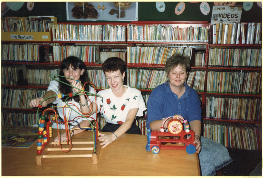 Library staff Cathy Frankish, Tanya Jen, and Marianne Ryan, Ipswich Municipal Library, Ipswich Centre, Bell &amp; East Streets, Ipswich, c.1989