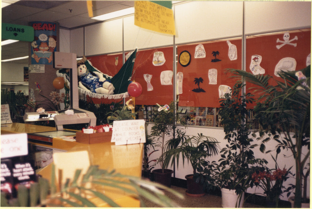 Travel display at Redbank Plaza Library, Ipswich, c.1991
