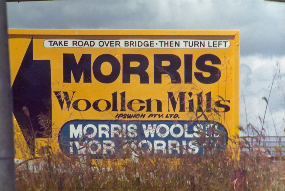 Direction sign for Morris Woollen Mills, on River Road, Redbank, Ipswich, 1976