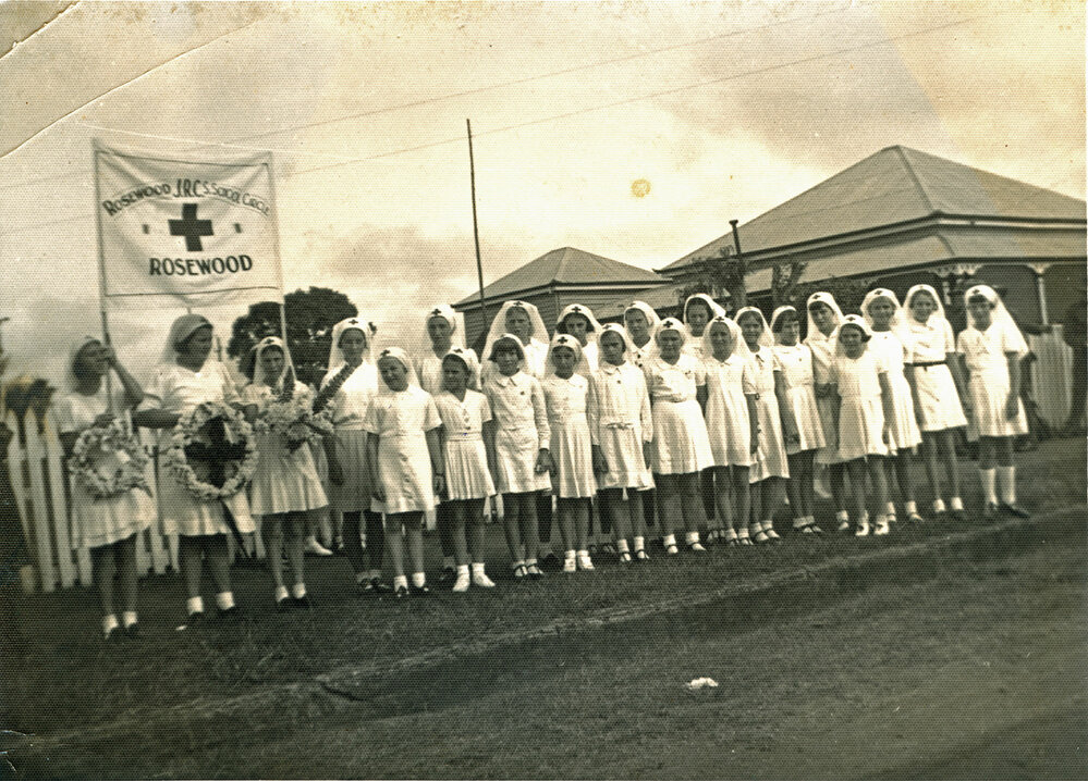 Junior Redcross group at ANZAC Day March, Rosewood, Ipswich, c.1941
