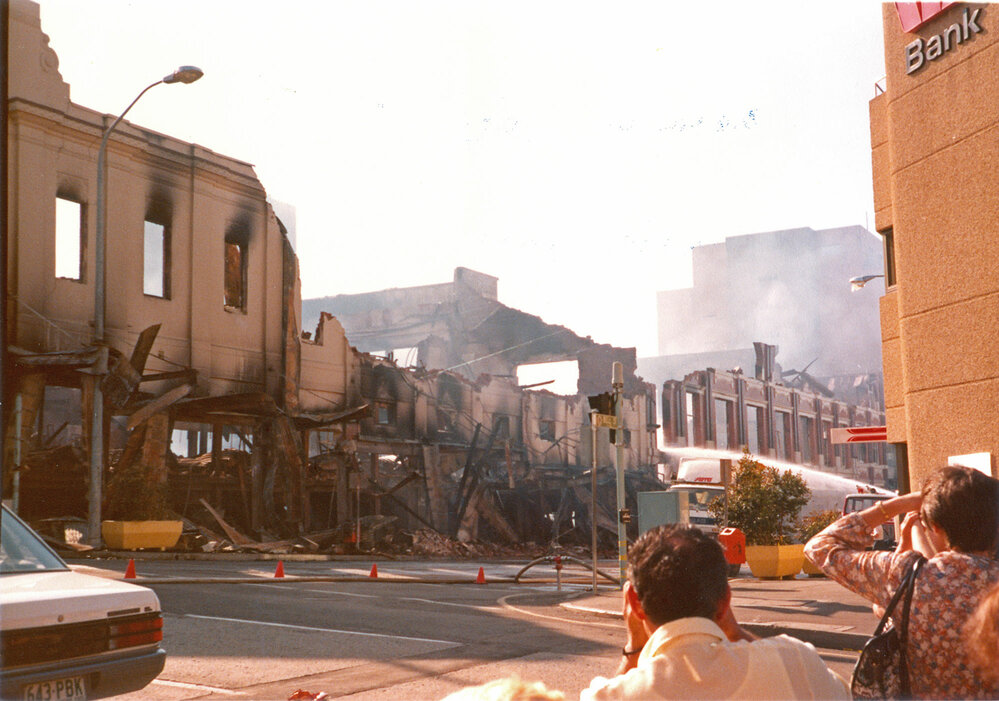 Fireman fighting the Reid's fire, Ipswich, 1985