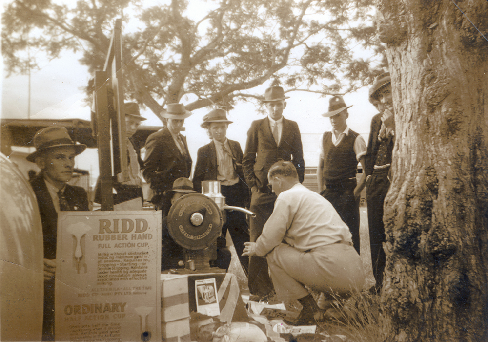 Joe Moloney at his shop stand at the Rosewood Show, Rosewood, Ipswich, early 1950s