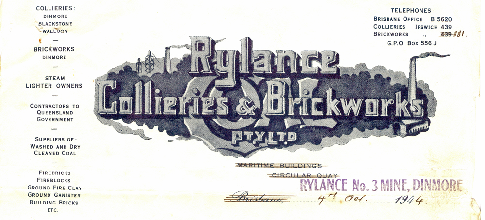 Letterhead of Rylance Collieries &amp; Brickworks, Rylance No 3 Mine, Dinmore, Ipswich, 1944