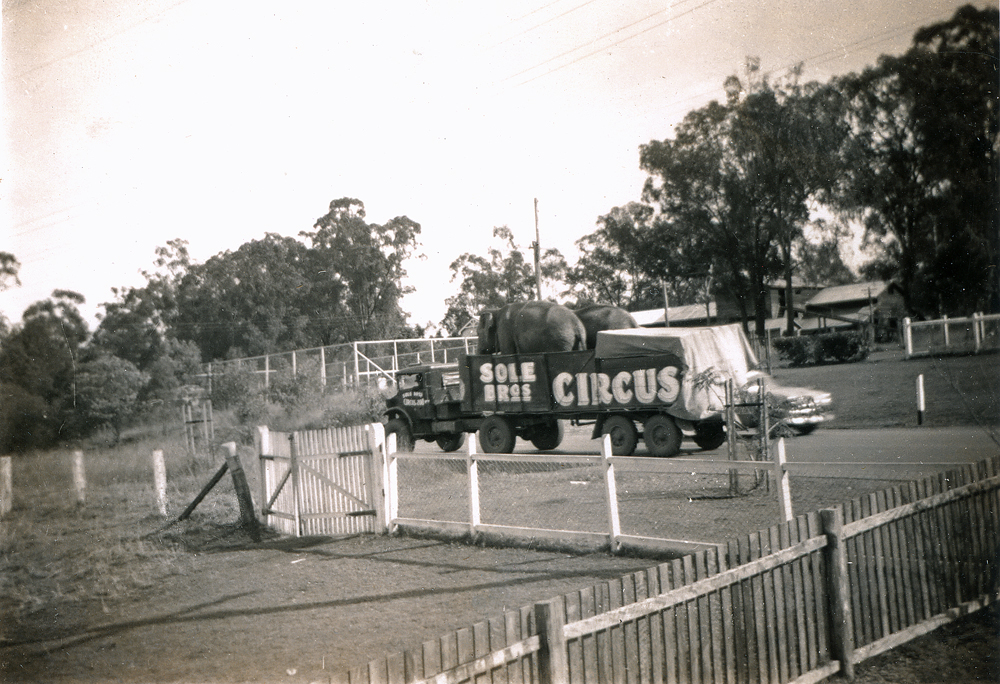 Sole Bros Circus truck on Fernvale Road, Brassall, Ipswich, late 1949