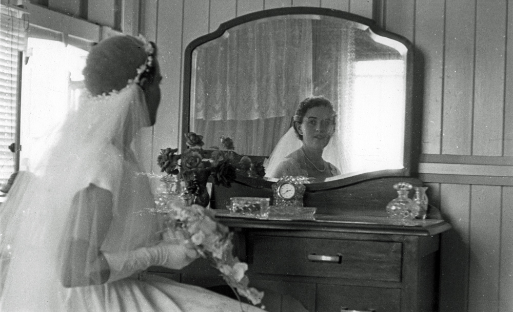 Barbara Sellars at her dressing table prior to her marriage to Jack Johnston, Rosewood, Ipswich, 1955