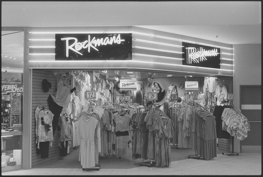 Redbank Plaza Shopping Centre Rockmans store during the grand opening, Redbank, September 1985
