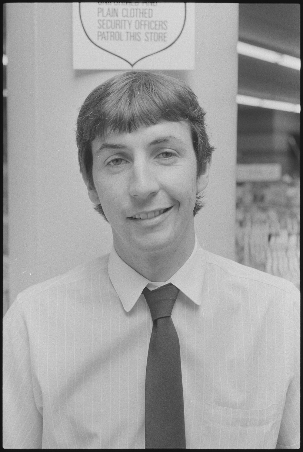 Unidentified man thought to be a staff member at Redbank Plaza Shopping Centre during the grand opening, Redbank, September 1985