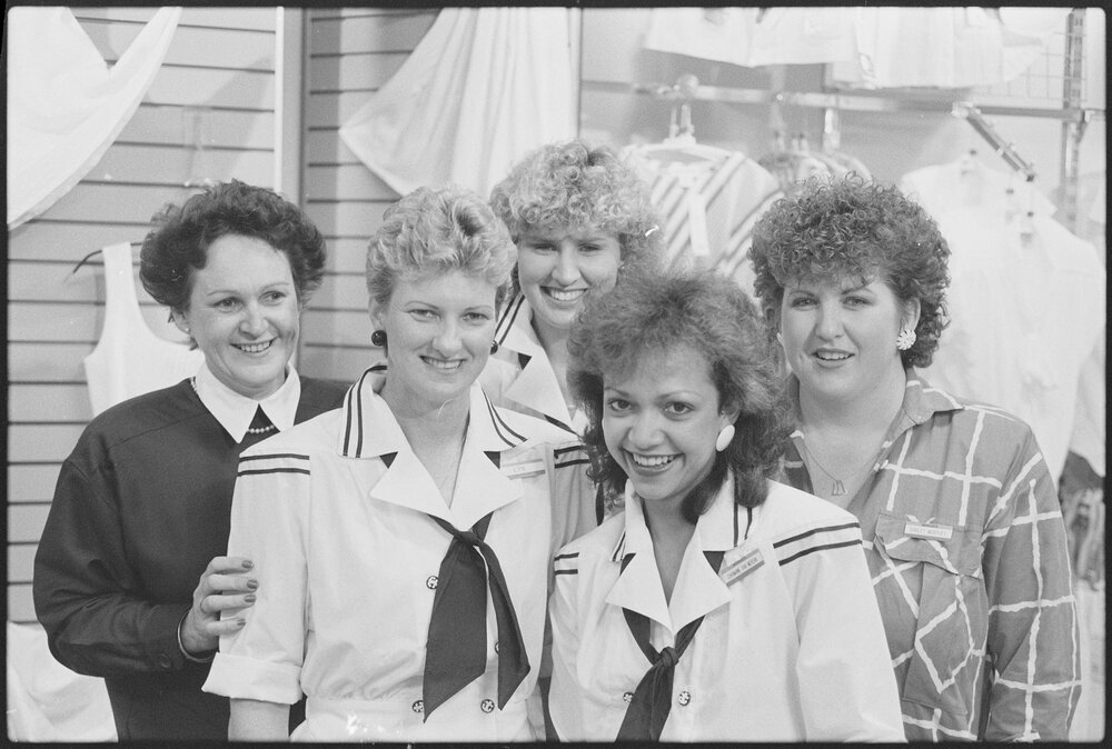 Staff at Redbank Plaza Shopping Centre Rockmans during the grand opening, Redbank, September 1985