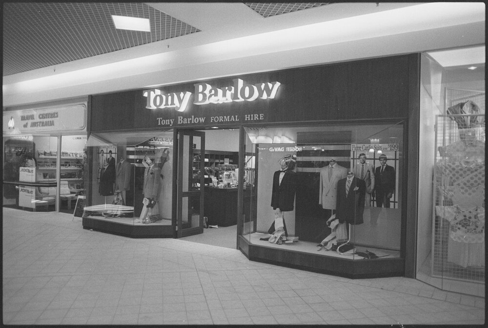 Redbank Plaza Shopping Centre Tony Barlow Formal Hire during the grand opening, Redbank, September 1985