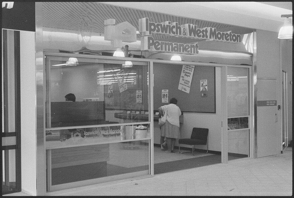 Redbank Plaza Shopping Centre Ipswich &amp; West Moreton Permanent Building society during the grand opening, Redbank, September 1985