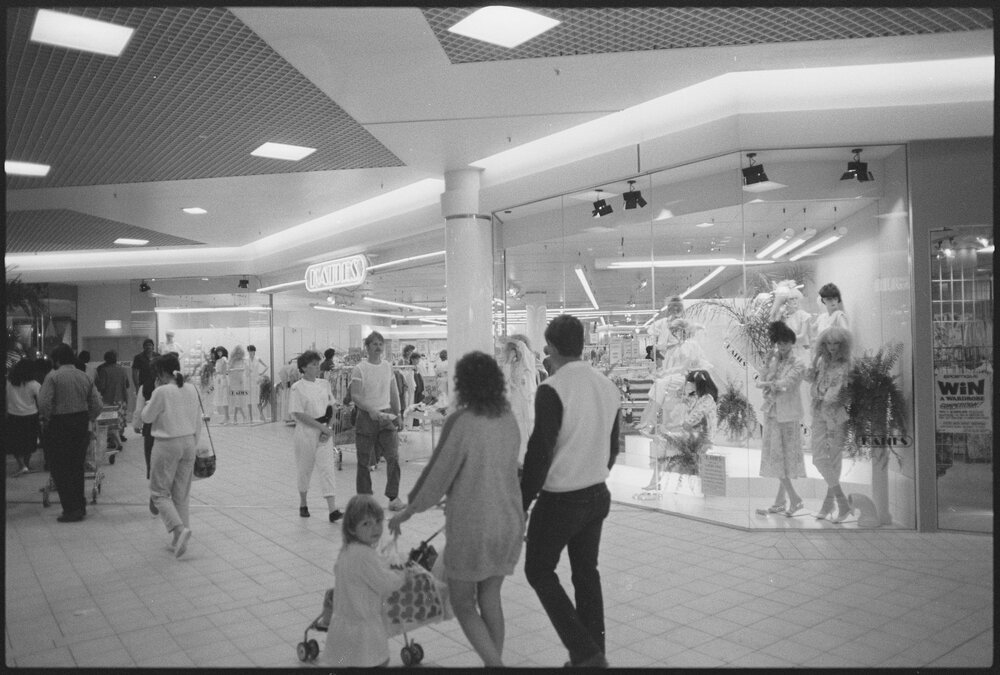 Crowd outside Redbank Plaza Shopping Centre Katies fashion store during grand opening, Redbank, September 1985