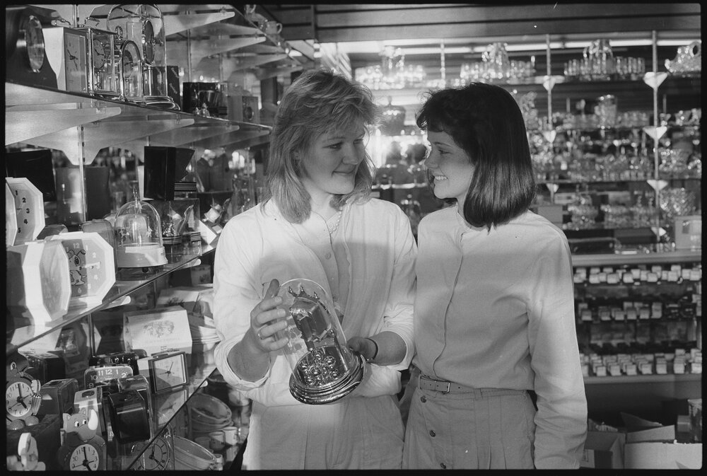 Staff at Rebank Plaza Shopping Centre Amies Jewellers during the grand opening, Redbank, September 1985