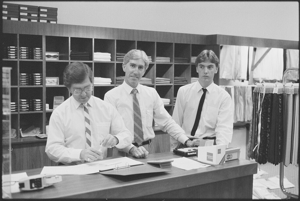 Staff at Redbank Plaza Shopping Centre Tony Barlow Formal Hire during the grand opening, Redbank, September 1985