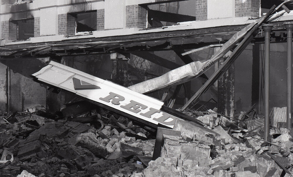 Aftermath of the Reid's (Cribb &amp; Foote) fire, Bell Street, Ipswich, August 1985