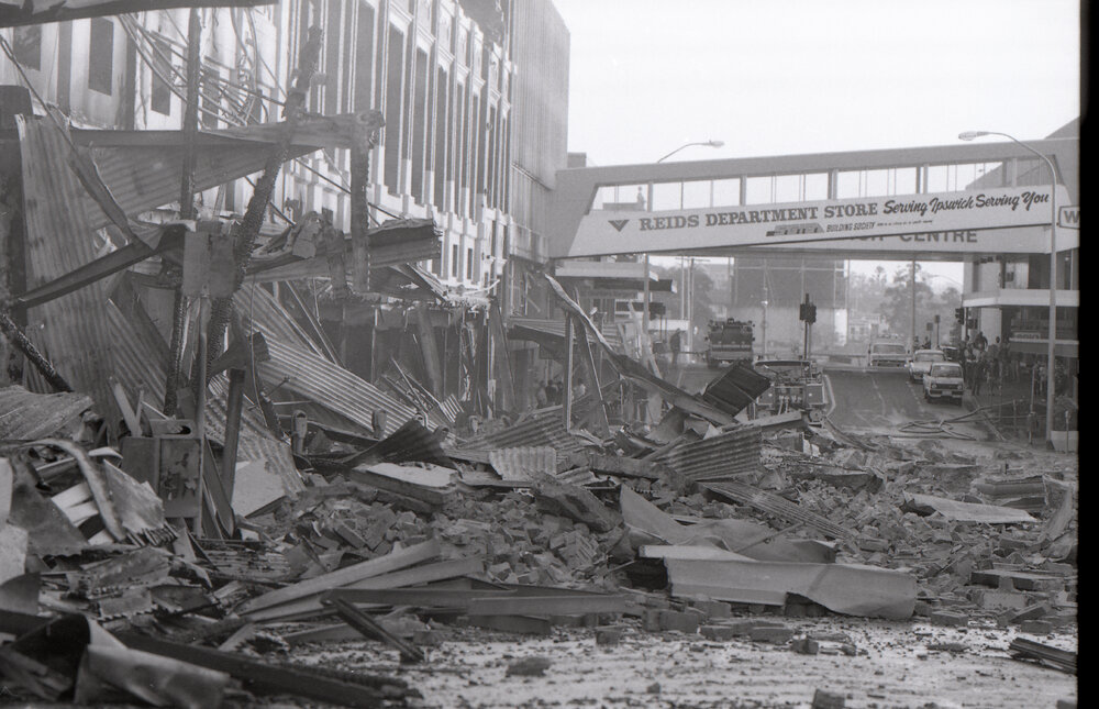 Aftermath of the Reid's (Cribb &amp; Foote) fire, Bell Street, Ipswich, August 1985