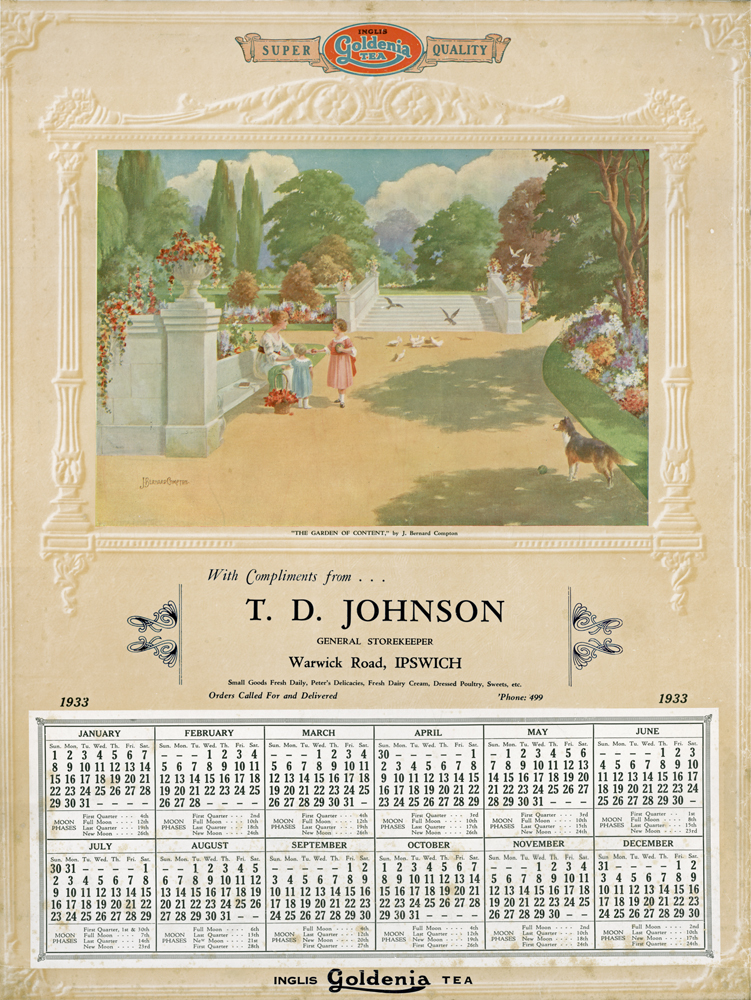 Calendar used by T. D. Johnson, general storekeeper, Ipswich, 1933