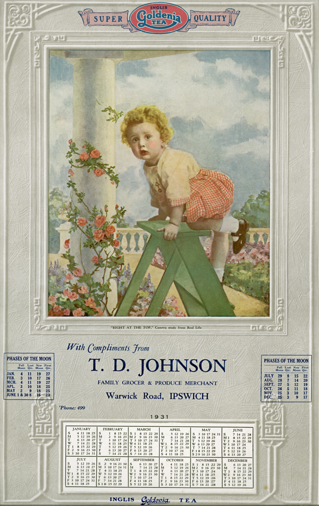 Calendar used by T. D. Johnson, general shopkeeper, Ipswich, 1931