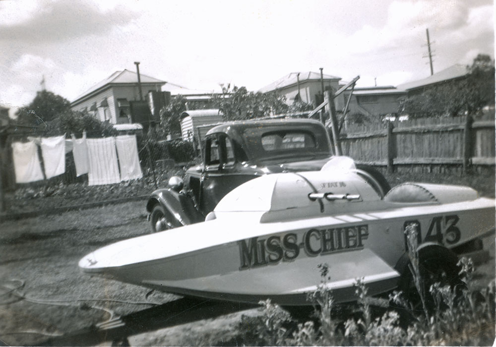 Boat 'Miss-Chief' in Ipswich backyard, Ipswich, 1952