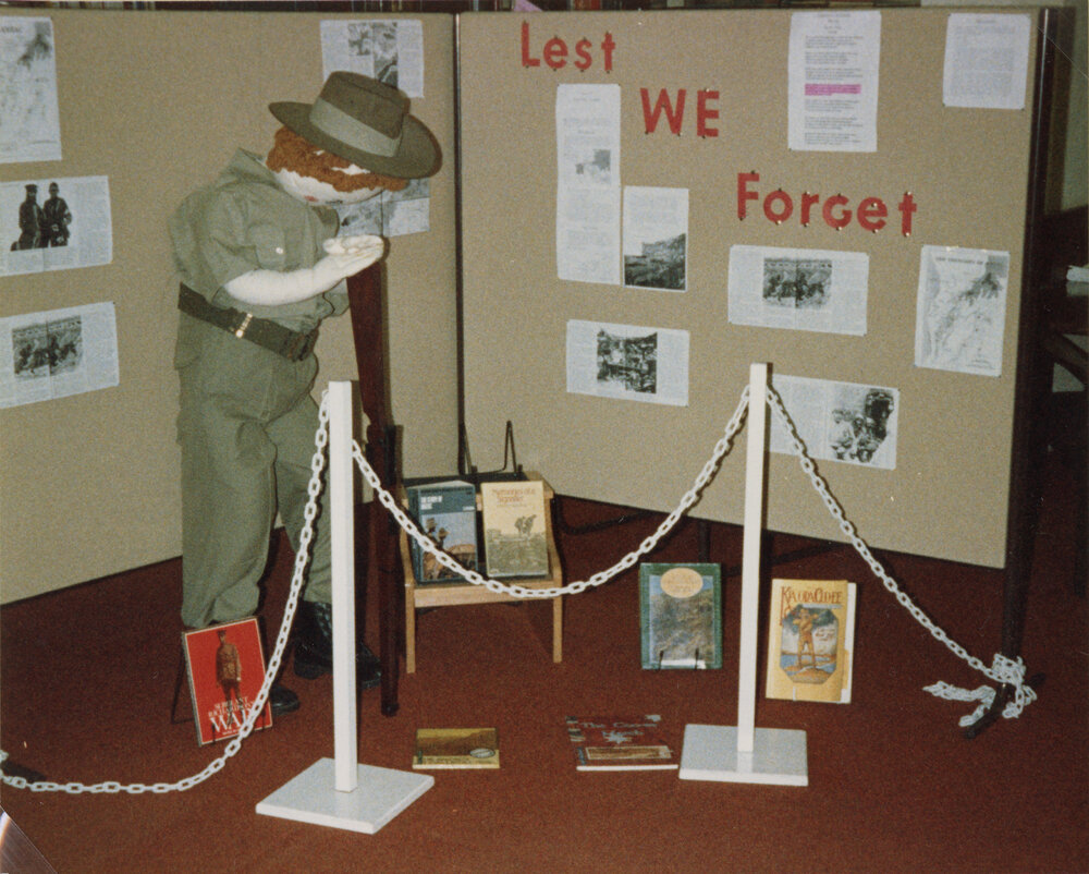 ANZAC Day display, Ipswich Municipal Library, Ipswich Centre, Bell &amp; East Streets, Ipswich, April1989