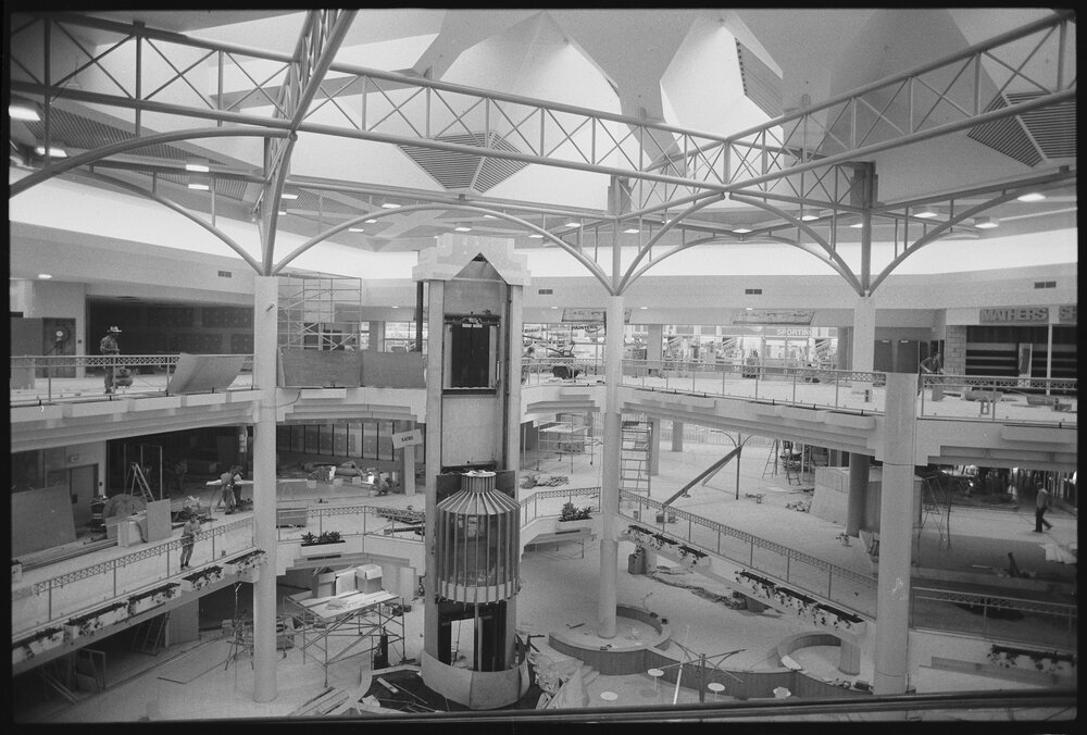 Redbank Plaza Shopping Centre interior under construction from top floor, Redbank, August 1985 