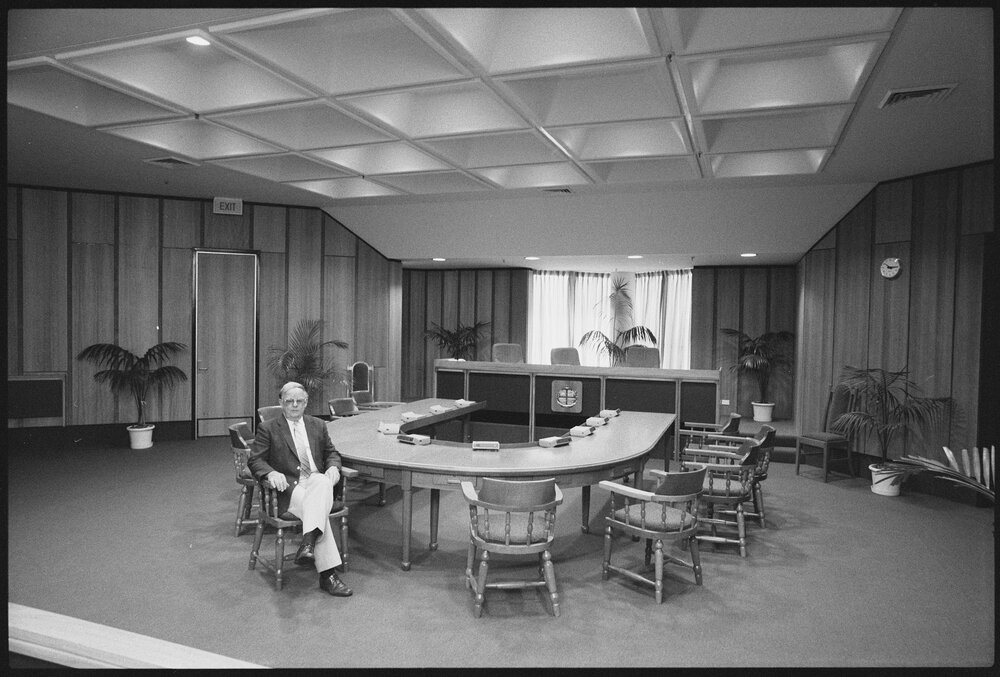 Ipswich Mayor Desmond Freeman in a meeting room in the Ipswich City Council Administration building, Ipswich, Queensland, August 1985