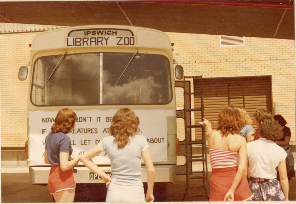 Decorating the Bookmobile as a "Library Zoo" for a parade, Ipswich, c.1980