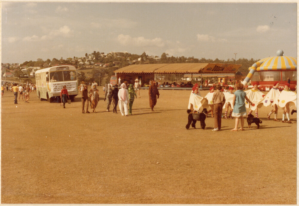 Ipswich Bookmobile decorated to look like a "Library Zoo" for a parade, location unknown, c.1980