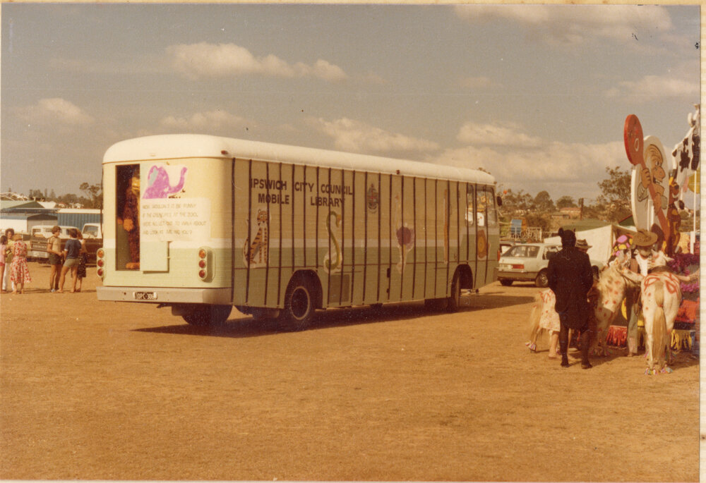 Ipswich Bookmobile decorated to look like a "Library Zoo" for a parade, location unknown, c.1980