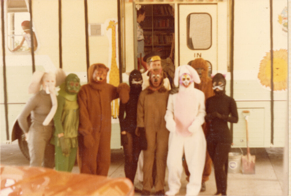 Library staff dressed as zoo animals for the "Library Zoo" parade float, Ipswich, c.1980