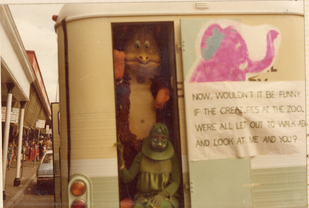 Library Bookmobile in a parade as the "Library Zoo", Brisbane Street, Ipswich, c.1980