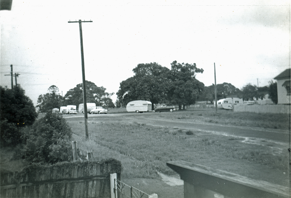 Caravans lined up on the corner of Brown's Park and Flint Street, North Ipswich, 1950s