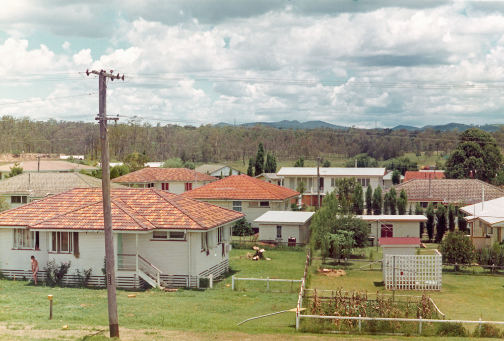 Houses on Brisbane Road, from Redbank Railway Station footbridge, Redbank, Ipswich, 1976
