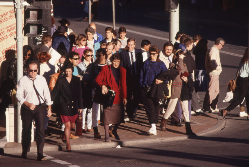 Pedestrians crossing at a street corner, thought to be Brisbane, Queensland, 1988