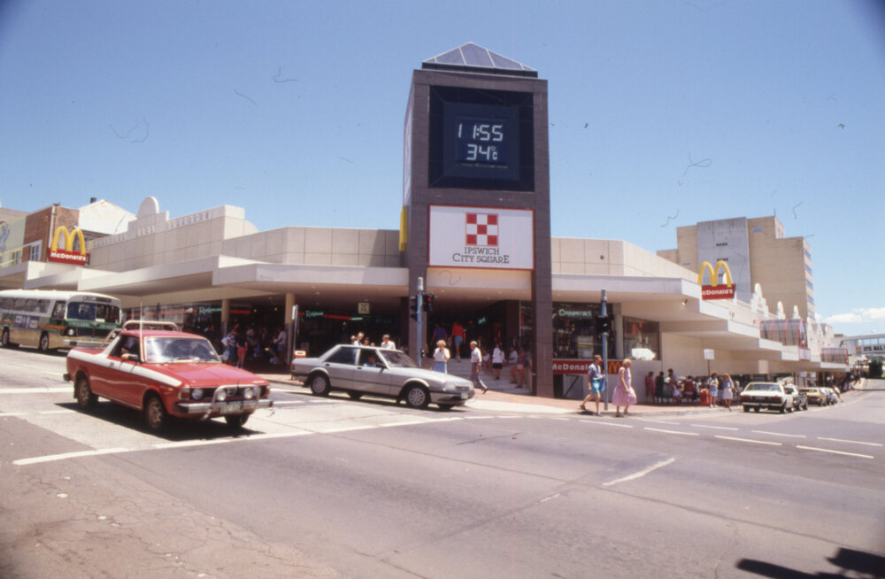 Entry to Ipswich City Square, from the corner of Brisbane and Bell Streets, Ipswich, 1988