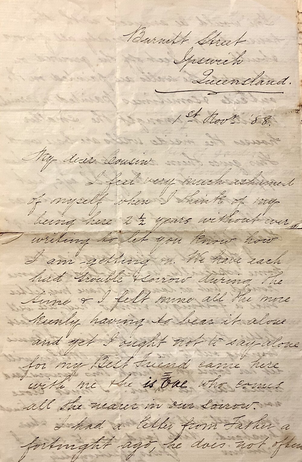 Letter to Jane Holmes (nee Hustwick) from Martha Hustwick, 1 November 1888