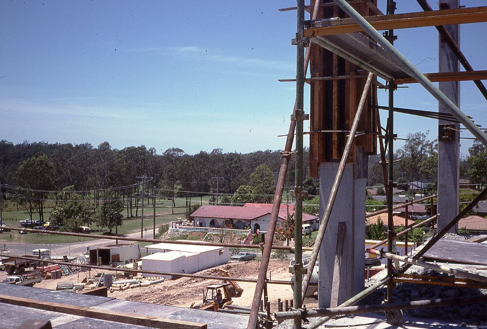 View of area surrounding Redbank Plaza from scaffolding during construction, Redbank, Ipswich, c.1985