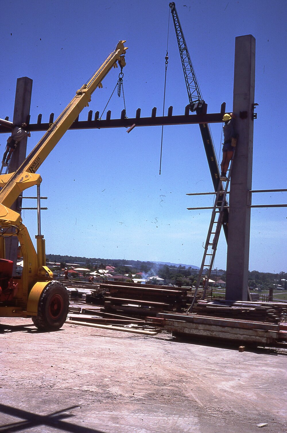 Crane working on construction of Redbank Plaza upper floor, Redbank, Ipswich, c.1985