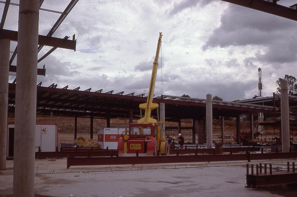 Crane inside west side of Redbank Plaza during construction, Redbank, Ipswich, c.1985