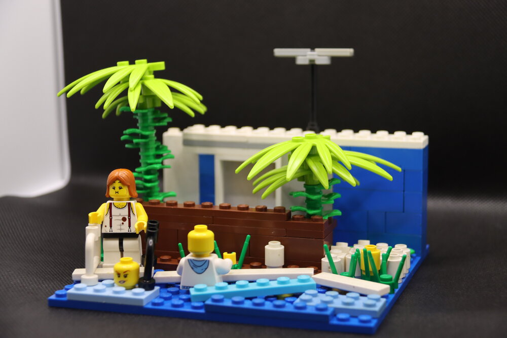Brickswich version of People swimming in a swimming pool in the backyard of a home, Ipswich, 1969
