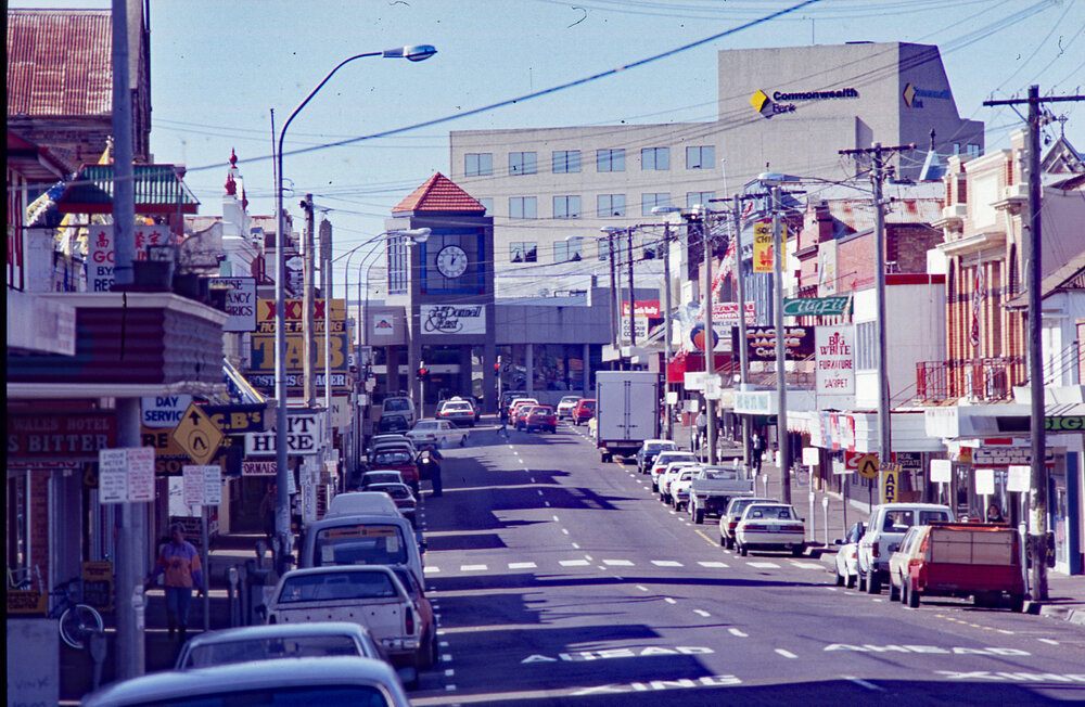 View of Brisbane Street, looking east towards Ellenborough Street, Ipswich, c.1992