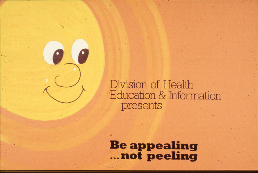 "Be appealing&hellip;not peeling" Sun safe campaign slides, cricket themed, Ipswich Hospital, 1980s