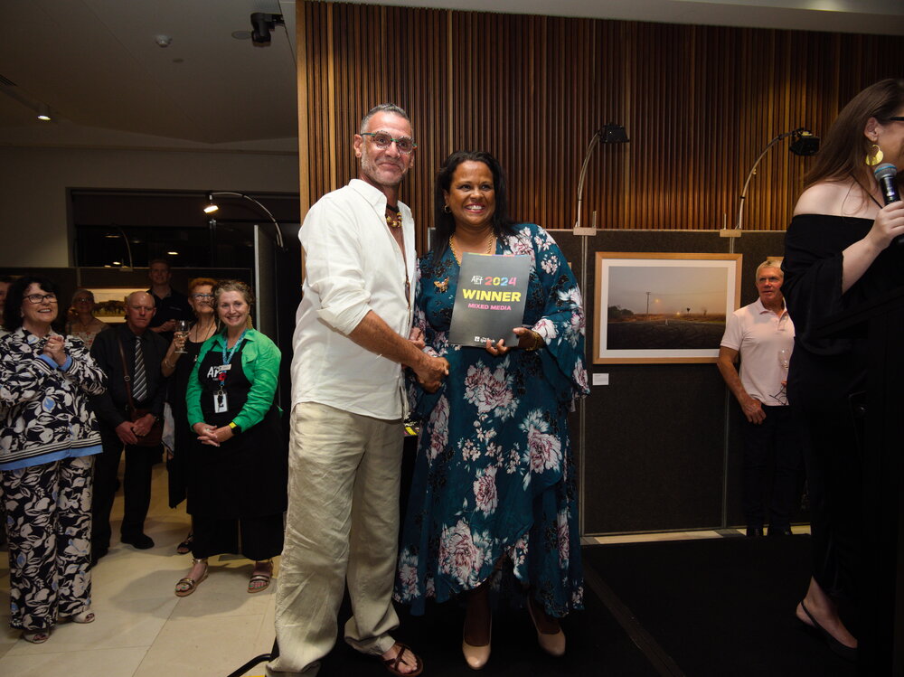 Artist David Pearce with Councillor Pye Augustine at the Ipswich Art Awards, 2024
