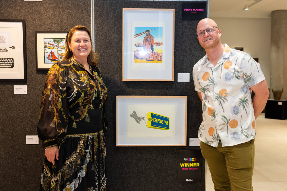 Mayor Teresa Harding with the winner of the Print Making category, Ipswich Art Awards, 2023