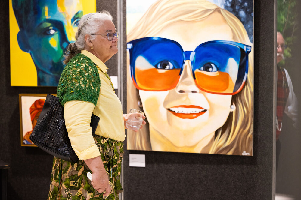 Textile artist Dorothy Walsh viewing exhibits at the Ipswich Art Awards, 2023