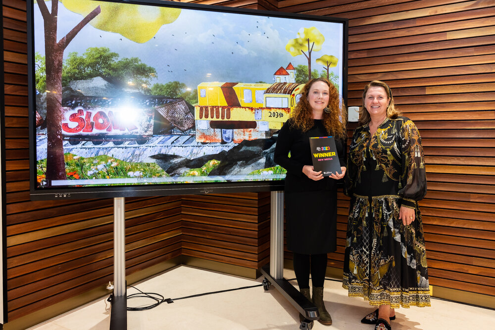 Mayor Teresa Harding with one of the winner of the New Media category, Ipswich Art Awards, 2023