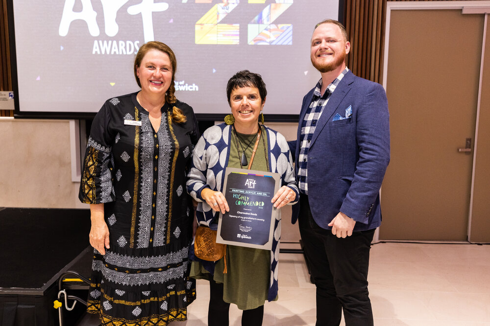 Mayor Teresa Harding, artist Charmaine Davis, and Councillor Andrew Fechner at the Ipswich Art Awards, 2022
