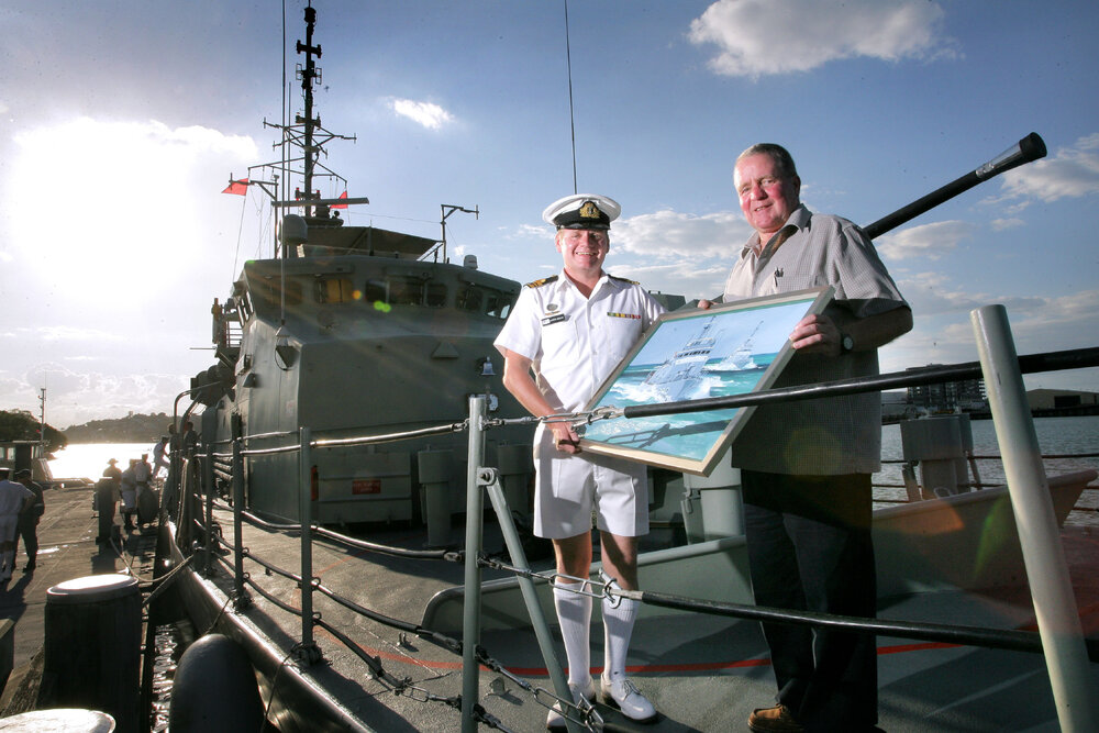 Lt Commander Darren Grogan with his father Martin Grogan on HMAS Ipswich during its last journey before being decommissioned, Moolooaba, Queensland, April 2007