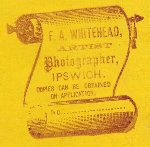 Trademark of F.A. Whitehead, photographer, for his first studio in Ellenborough Street, Ipswich, 1884